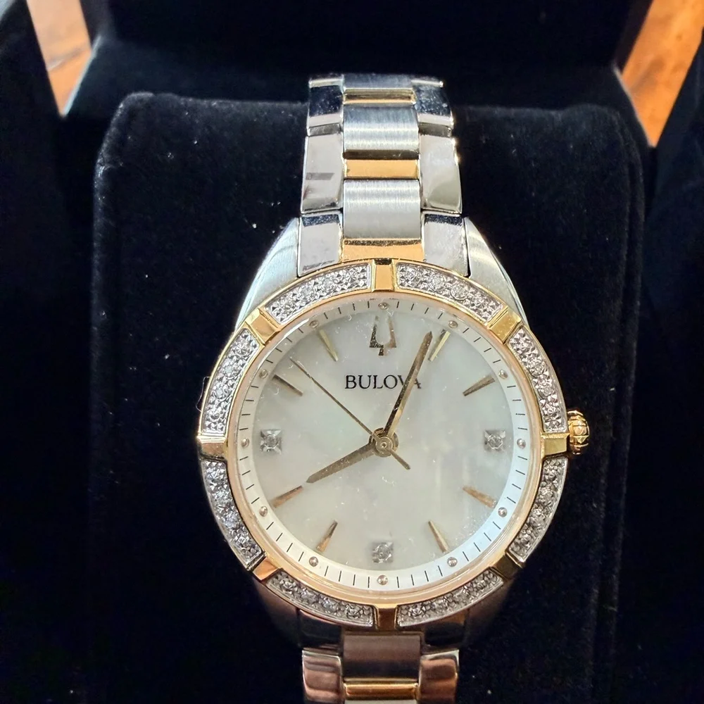 Bulova Sutton Two-Tone Diamond Watch MOP Dial Model 98R263